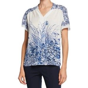 Elie Tahari Tiffany Silk Floral-Print Pearl Indigo V-Neck Short-Sleeve Blouse